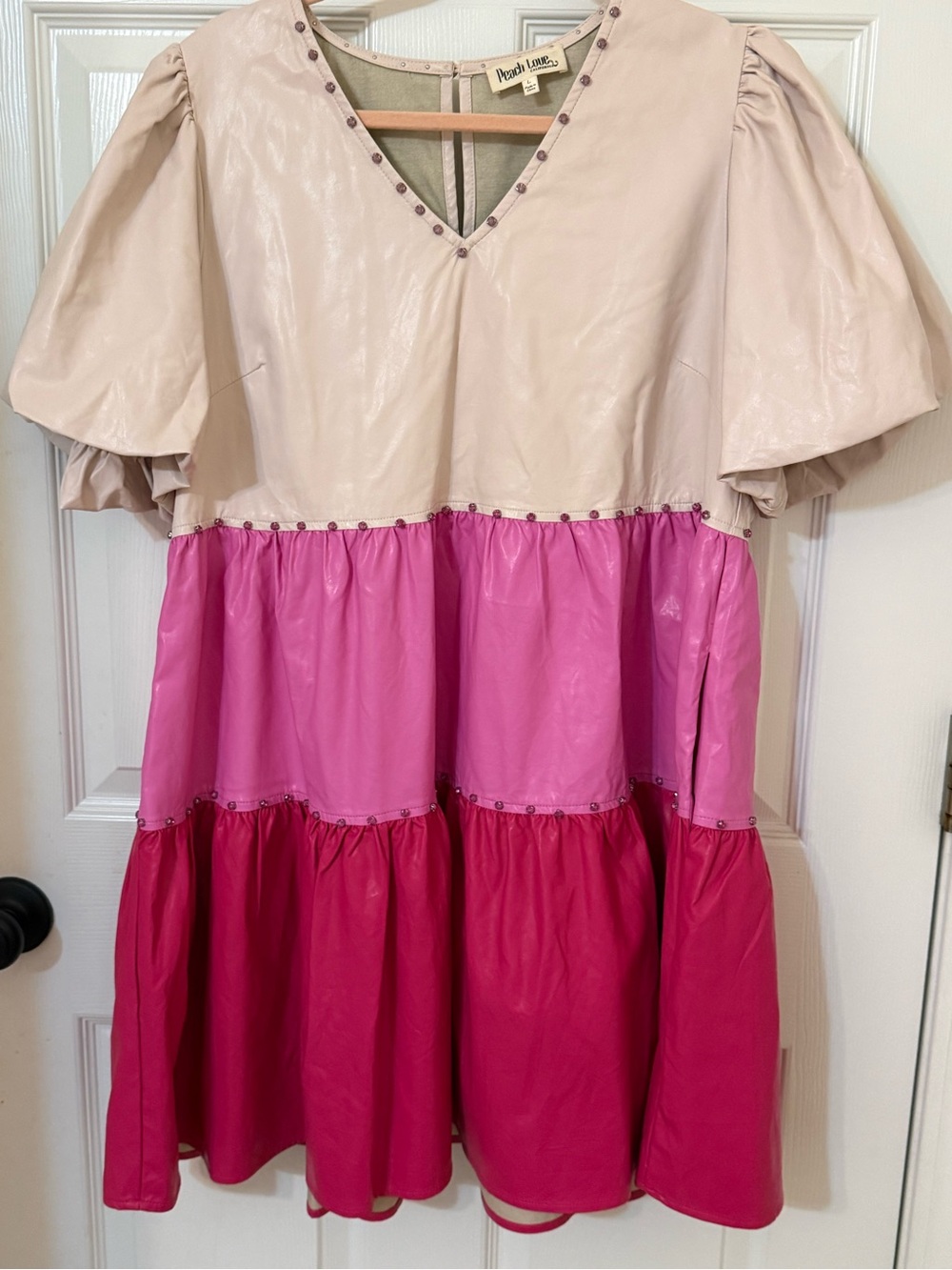 Peach Love California Pleather Pink & Cream Colorblock Tiered Dress